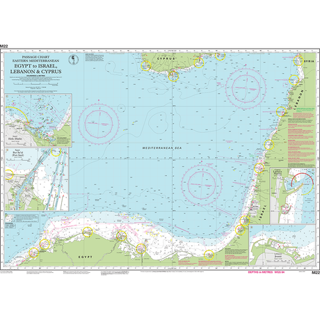 Imray Chart M22: Egypt to Israel, Lebanon and Cyprus by Imray is a detailed nautical chart with navigational markings and depth data, ideal for cruising sailors using GPS on the Eastern Mediterranean Sea.