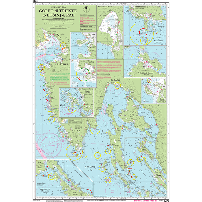 Imray Chart M24: Golfo di Trieste to Lošinj and Rab by Imray details the Adriatic coast with towns, navigational markers, depth contours, and insets—ideal for Mediterranean Sea navigation.