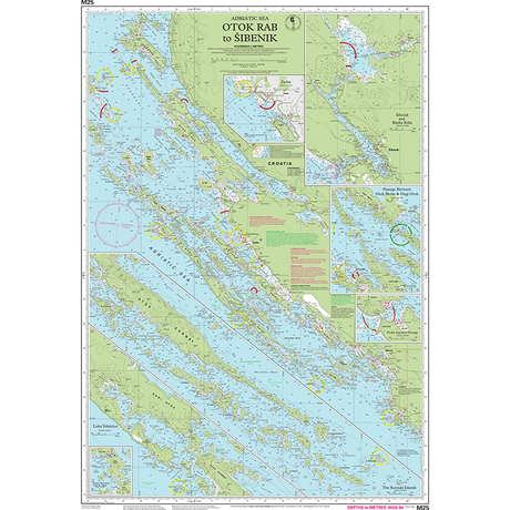 The Imray Chart M25: Otok Rab to Sibenik by Imray details coastal outlines, islands, routes, depths, and hazard zones—an ideal nautical chart for navigating this section of the Adriatic Sea.