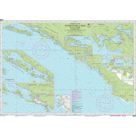 Imray Chart M27: Dubrovnik to Bar and Ulcinj by Imray covers Croatia and Montenegro's coastlines, islands, depths, navigation routes, plus port insets—ideal for cruising sailors exploring the Adriatic Sea.