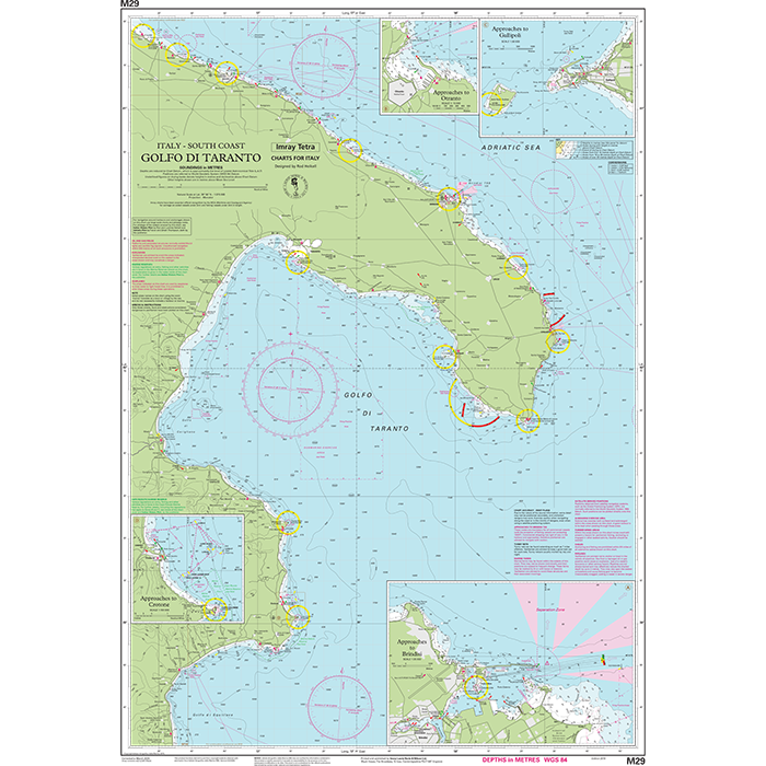 Imray Chart M29: Golfo di Taranto by Imray details Italy’s south coast with insets, depth markings, and navigation aids—ideal for Mediterranean cruising and part of the trusted Imray M Series charts.