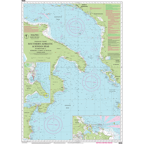 Imray Chart M30: Southern Adriatic and Ionian Seas by Imray provides a detailed nautical chart covering the coasts of southern Italy, Albania, and Greece with maritime routes, depth markings, and navigation symbols. Title is in the top left corner.