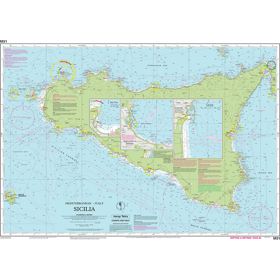 Imray Chart M31: Sicily by Imray is a nautical chart for Mediterranean Sea navigation, showing depths, ports, markers, and detailed insets for Palermo, Messina, Catania, and San Vito Lo Capo.