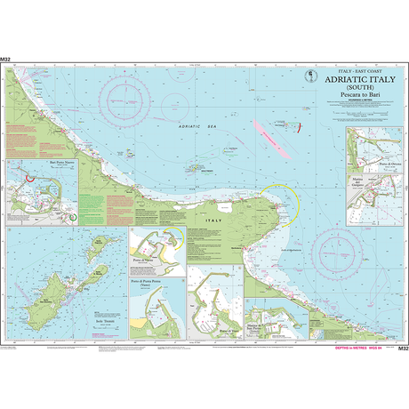 Imray Chart M32: Adriatic Italy (South) by Imray details Italy’s Adriatic coast from Pescara to Bari, with coastal outlines, water depths, navigation aids, ports, and harbor insets—ideal for cruising sailors.