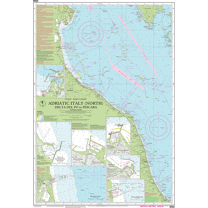 Imray Chart M33: Adriatic Italy (North) by Imray details the northern Adriatic coast of Italy from the Po River delta to Pescara, featuring port insets, navigational symbols, and depth markings for Mediterranean Sea navigation.