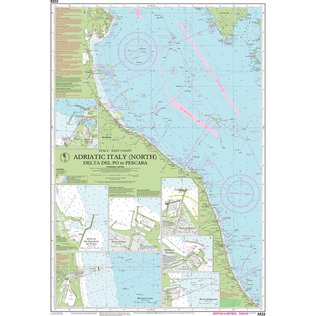 Imray Chart M33: Adriatic Italy (North) by Imray details the northern Adriatic coast of Italy from the Po River delta to Pescara, featuring port insets, navigational symbols, and depth markings for Mediterranean Sea navigation.