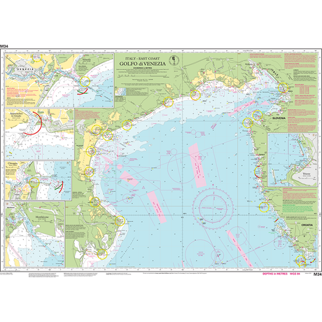 Imray Chart M34: Golfo di Venezia by Imray details the coastlines of Italy, Slovenia, and Croatia with navigation routes, depth markings, ports, lighthouses, and harbor insets. Labels are in Italian and English. Part of the Imray Mediterranean series.