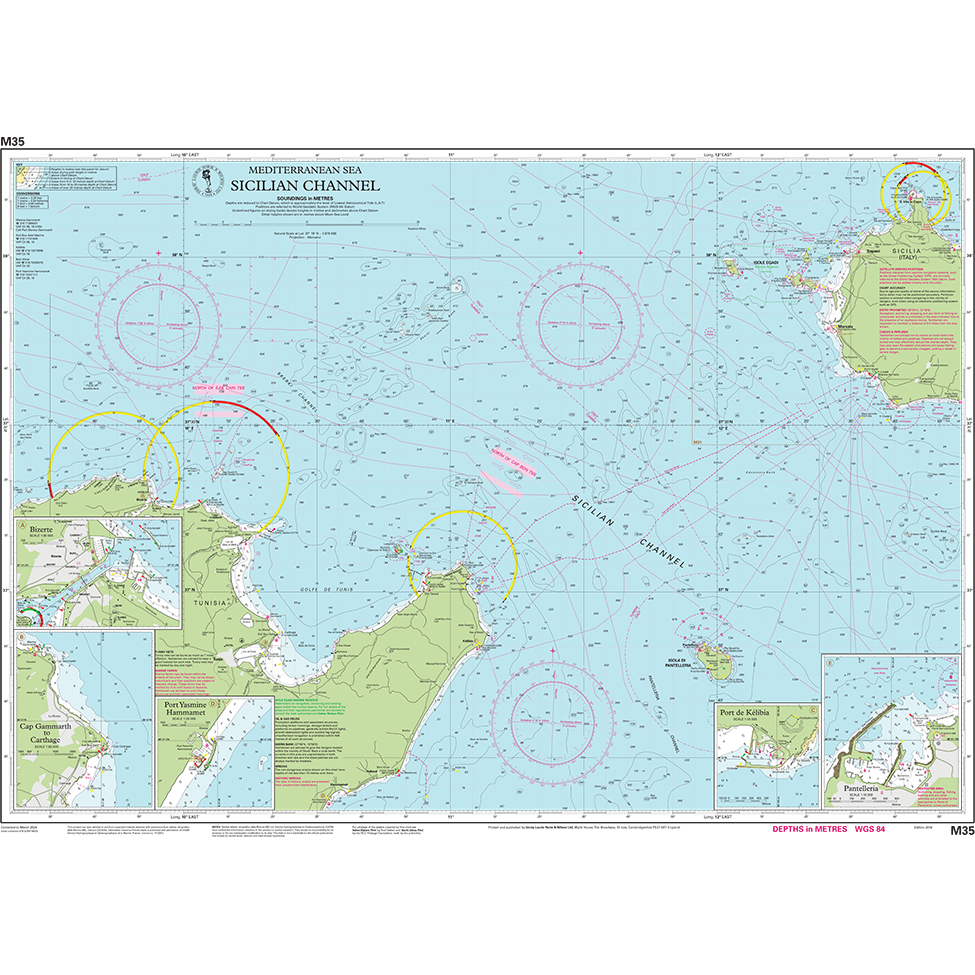 Imray Chart M35: Sicilian Channel by Imray shows Sicily, Malta, and northern Tunisia with ports insets, navigational markings, depth indicators, and several circled zones in red and yellow on this Mediterranean nautical chart.
