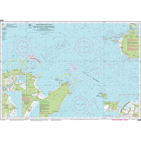 Imray Chart M35: Sicilian Channel by Imray shows Sicily, Malta, and northern Tunisia with ports insets, navigational markings, depth indicators, and several circled zones in red and yellow on this Mediterranean nautical chart.