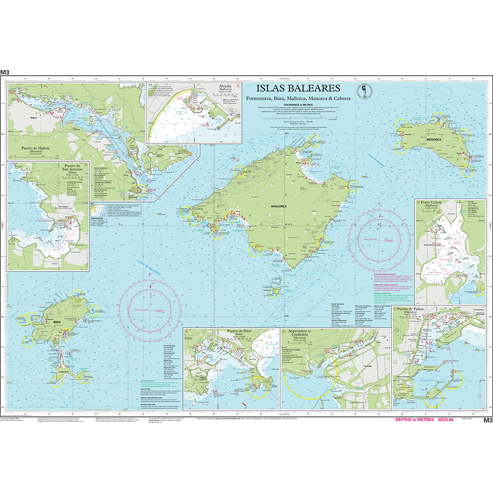 Imray Chart M3: Islas Baleares from Imray offers detailed nautical maps of Mallorca, Menorca, Ibiza, Formentera, and Cabrera for Mediterranean navigation, featuring ports, depth contours & navigation markers in Spanish.