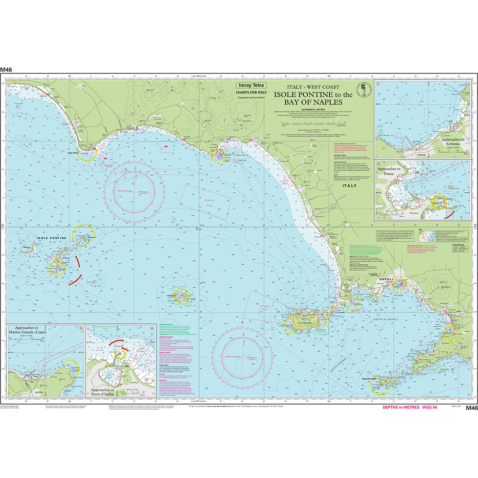 Imray Chart M46: Isole Pontine to the Bay of Naples by Imray covers Italy’s west coast for Mediterranean navigation, featuring detailed insets for harbors, ports, depths, and navigational aids—ideal for cruising sailors.