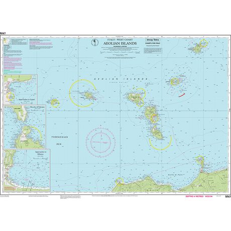 Imray Chart M47: Aeolian Islands by Imray details the islands off Italy’s west coast, showing coastal features, water depths, navigation routes, and inset port maps. Part of the Imray M Series charts for the Mediterranean Sea.