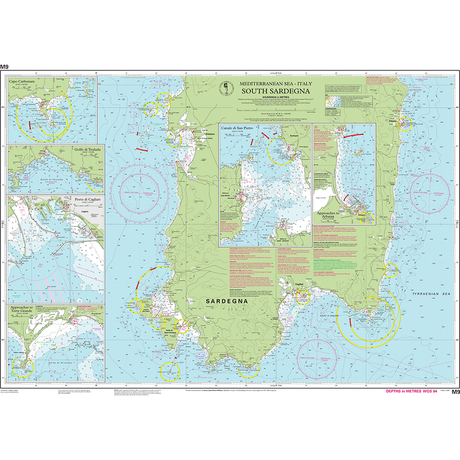 Imray Chart M9: South Sardegna by Imray is a nautical chart for Mediterranean navigation, featuring coastal details, ports, depth contours, hazard zones, and harbor insets with symbols and coordinates.