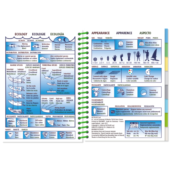 The *Pictolife Low-Tide Eastern Atlantic* by **Pictolife Marine Guides** serves as a crucial tool for tide pool detectives, offering ecological information and fish identification features. The left page provides ecology and distribution details, while the right page describes appearance, size, and vulnerability with vibrant diagrams and icons.