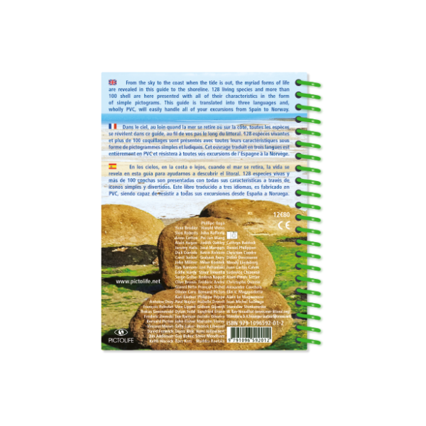 This spiral-bound, waterproof book from Pictolife Marine Guides features an image of large rocks on a beach. Named "Pictolife Low-Tide Eastern Atlantic," the text offers a multilingual description, making it perfect for any tide pool detective exploring the Eastern Atlantic. The book's ISBN is displayed at the bottom.