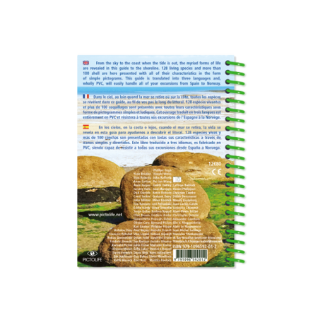 This spiral-bound, waterproof book from Pictolife Marine Guides features an image of large rocks on a beach. Named "Pictolife Low-Tide Eastern Atlantic," the text offers a multilingual description, making it perfect for any tide pool detective exploring the Eastern Atlantic. The book's ISBN is displayed at the bottom.