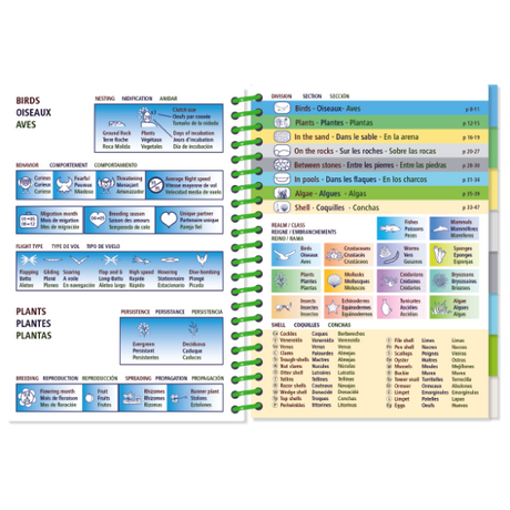 The Pictolife Low-Tide Eastern Atlantic guide by Pictolife Marine Guides features a waterproof design with an open spiral-bound layout. It includes vibrant color-coded sections on birds and plants in English, French, and Spanish. The left pages provide details on nesting and feeding habits, while the right pages highlight diverse habitats and species using intuitive icons.