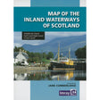 Cover of "Map of the Inland Waterways of Scotland" by Imray showcases Scottish Canals' beauty, with a boat gliding past quaint houses and majestic mountains, compiled by Jane Cumberlidge.