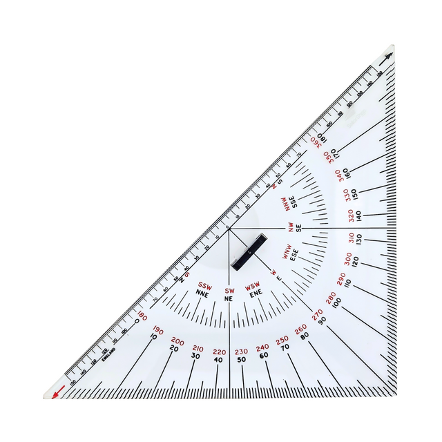 The Charles, Smith & Reddish 12" Navigation Triangle features a clear plastic body with degree markings, directional indicators, and an edge ruler like those found on nautical charts. It includes a black sliding marker at the center for precise measurement of navigation triangles and angles.