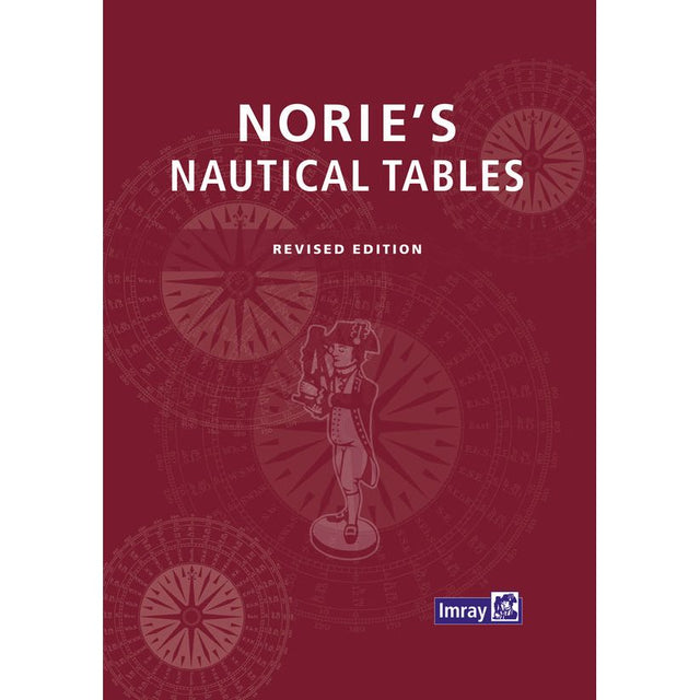 Cover of Norie's Nautical Tables by Imray shows a cartoon sailor with a telescope, compass rose motifs for navigation, and the Imray logo at the lower right, all set against a burgundy background.
