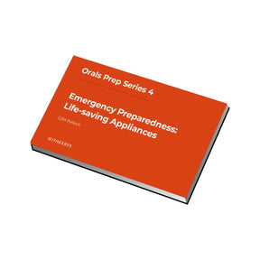 The cover of "Emergency Preparedness: Life-saving Appliances" from the "Orals Prep Series 4" by G.J.M. Pollock, published by Witherby Seamanship, features a red background. Ideal for STCW oral exam prep, it lies flat to reveal SOLAS life-saving appliance insights.