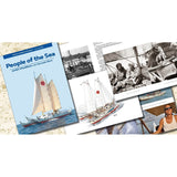 A collage showcases "People of the Sea" by Lodestar Books with illustrations and photos of sailboats, traditional Polynesian navigation, sailors, historical boats, Polynesian double canoes, and South Pacific maritime culture. The cover features a catamaran on the water.