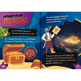 An illustration of a pirate by a treasure chest full of gold coins accompanies text inspired by BookLife's "Underwater Facts," discussing £47 billion lost at sea and a £314 million haul, with a footnote noting experts' uncertainty—all set against a blue underwater theme.