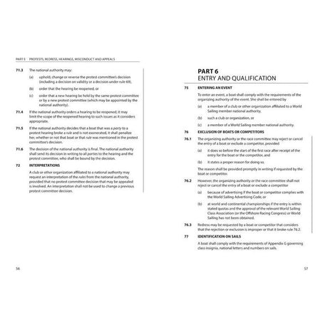 Pages 56-57 of the "RYA Racing Rules of Sailing 2025-2028" by the Royal Yachting Association feature sections on national authority rights related to UK racing and entry qualifications for competitions. Specifically, Rules 71 and 72 discuss protest committee appeals, while Part 6 provides details on event entry, qualification, and sail identification in accordance with World Sailing regulations.