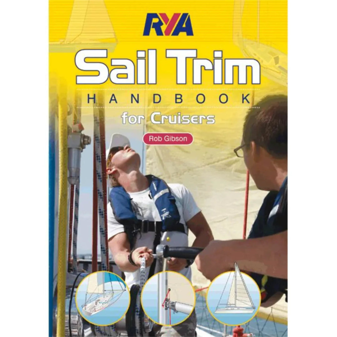 Cover of the "RYA Sail Trim Handbook" by the Royal Yachting Association. Depicts two sailors trimming sails on a boat, with sail diagrams below. A bright yellow background emphasizes key sailing techniques.