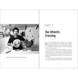 A man in a beanie and T-shirt smiles beside a maritime chicken on a table with eggs. The indoor setting suggests they're on a boat. Text on the right page reads "Our Atlantic Crossing," detailing their journey in "The Incredible Voyage" by Greystone Books.