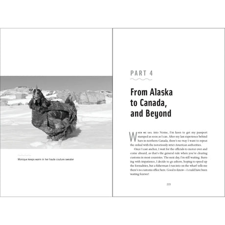 A husky dog rests on snowy ground in a knitted sweater. The right page reads "Part 4: From Alaska to Canada, and Beyond," featuring round-the-world adventures and customs experiences as tales from "The Incredible Voyage" by Greystone Books unfold.