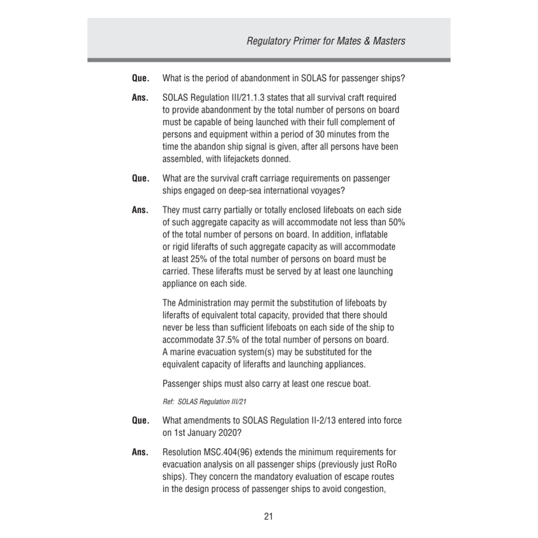 Page from the "Regulatory Primer for Mates & Masters" by Witherby Seamanship, featuring Q&A on SOLAS regulations for passenger ships, MCA exams, abandonment period, lifeboat requirements, and maritime regulation updates.