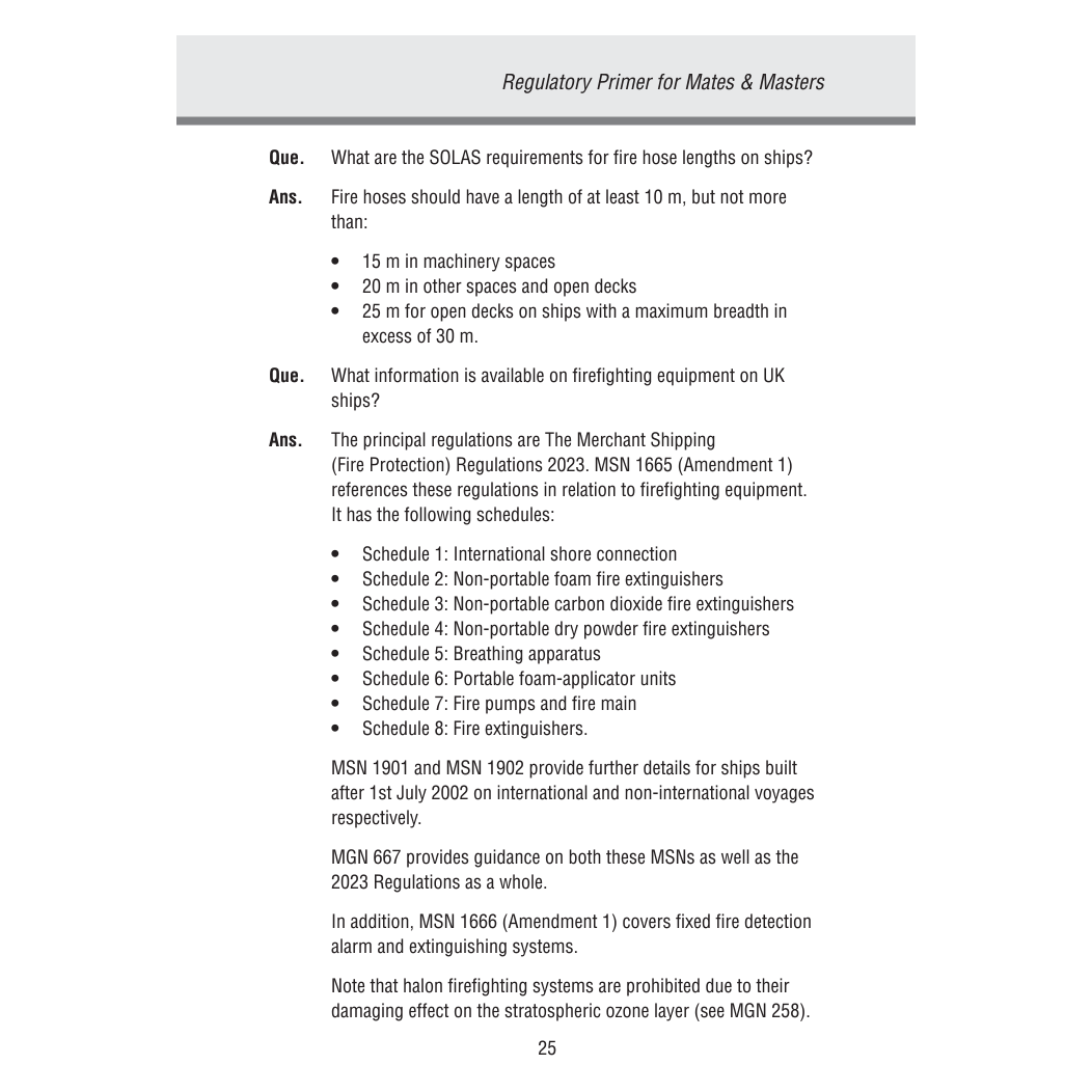 Page 25 of Witherby Seamanship's "Regulatory Primer for Mates & Masters" includes a Q&A on ship fire hose lengths, firefighting regulations, environmental impacts of extinguishers, SOLAS updates references, and lists for MCA oral exam preparation.