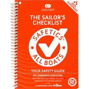 The bright orange Safetics: The Sailor’s Checklist by Safetics features a large checkmark logo, spiral binding, and waterproof cover. This maritime safety guide provides essential onboard navigation advice.
