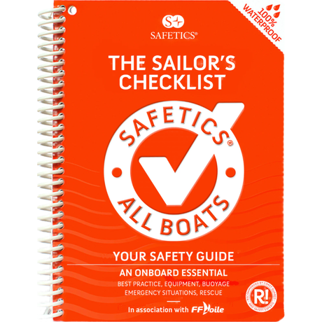 The bright orange Safetics: The Sailor’s Checklist by Safetics features a large checkmark logo, spiral binding, and waterproof cover. This maritime safety guide provides essential onboard navigation advice.