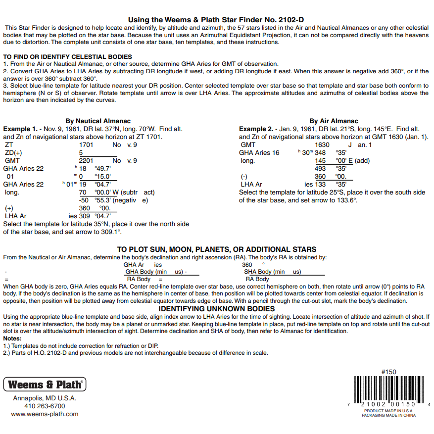 A comprehensive guide for the Weems & Plath Star Finder 2102-D on celestial navigation includes star, sun, moon, and planet identification using a Nautical Almanac.