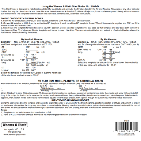 A comprehensive guide for the Weems & Plath Star Finder 2102-D on celestial navigation includes star, sun, moon, and planet identification using a Nautical Almanac.