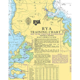 The Royal Yachting Association's "RYA Training Chart TC3 - Northern Hemisphere" is a nautical chart explicitly marked as not for navigational use. It illustrates an imaginary coastline and coastal regions with water depths indicated in meters, along with landmasses and navigational details. A comprehensive table of tidal levels can be found at the bottom.