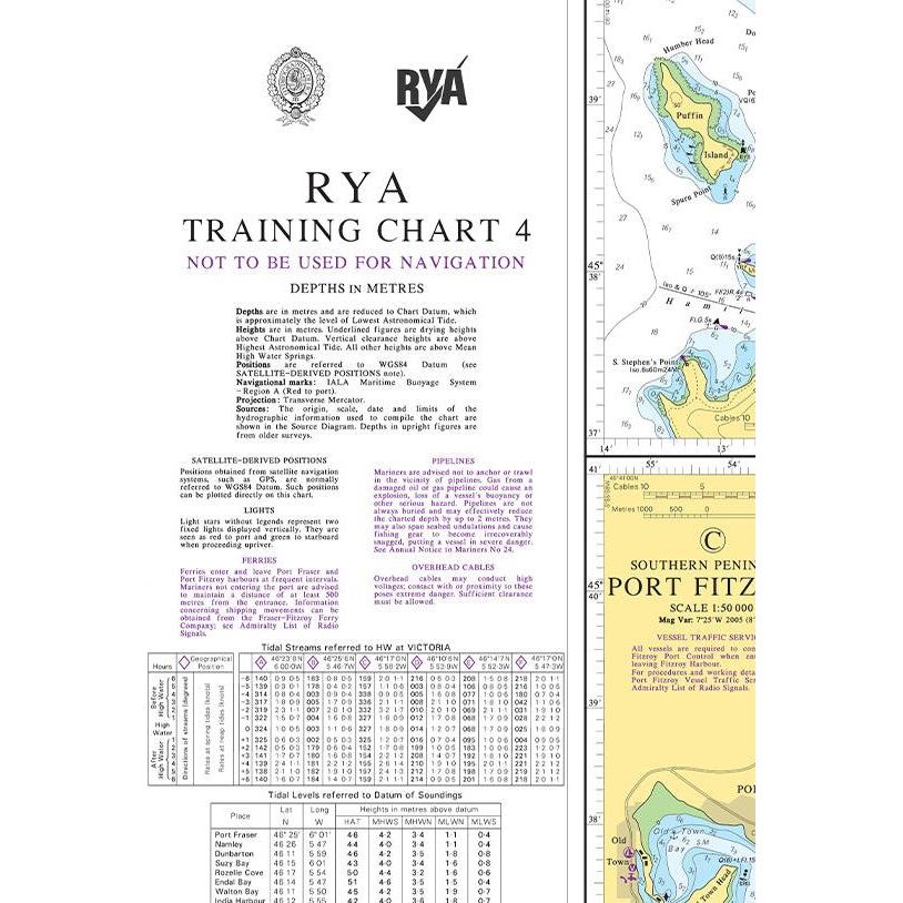 The RYA Training Chart TC4 - Northern Hemisphere, produced by the Royal Yachting Association, offers maritime information, various graphics, and notes for training purposes only. It includes depth measurements in meters, satellite-derived positions, pipeline routes, underwater cables, and tidal streams but is not intended for actual navigation.