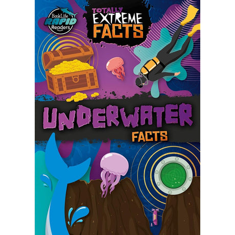 The book "Underwater Facts" by BookLife features a colorful cover with a treasure chest, diver, jellyfish, whale tail, and submarine window set against a vibrant ocean-themed background. It's part of the BookLife Rapid Readers collection.