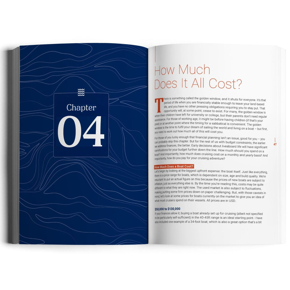 An open book from Exploring Eden Media’s The Boat Life Manual shows a blue "Chapter 04" page on the left and "How Much Does It All Cost?" in black and orange on the right—ideal for aspiring liveaboard cruisers and Sailing Ruby Rose fans.