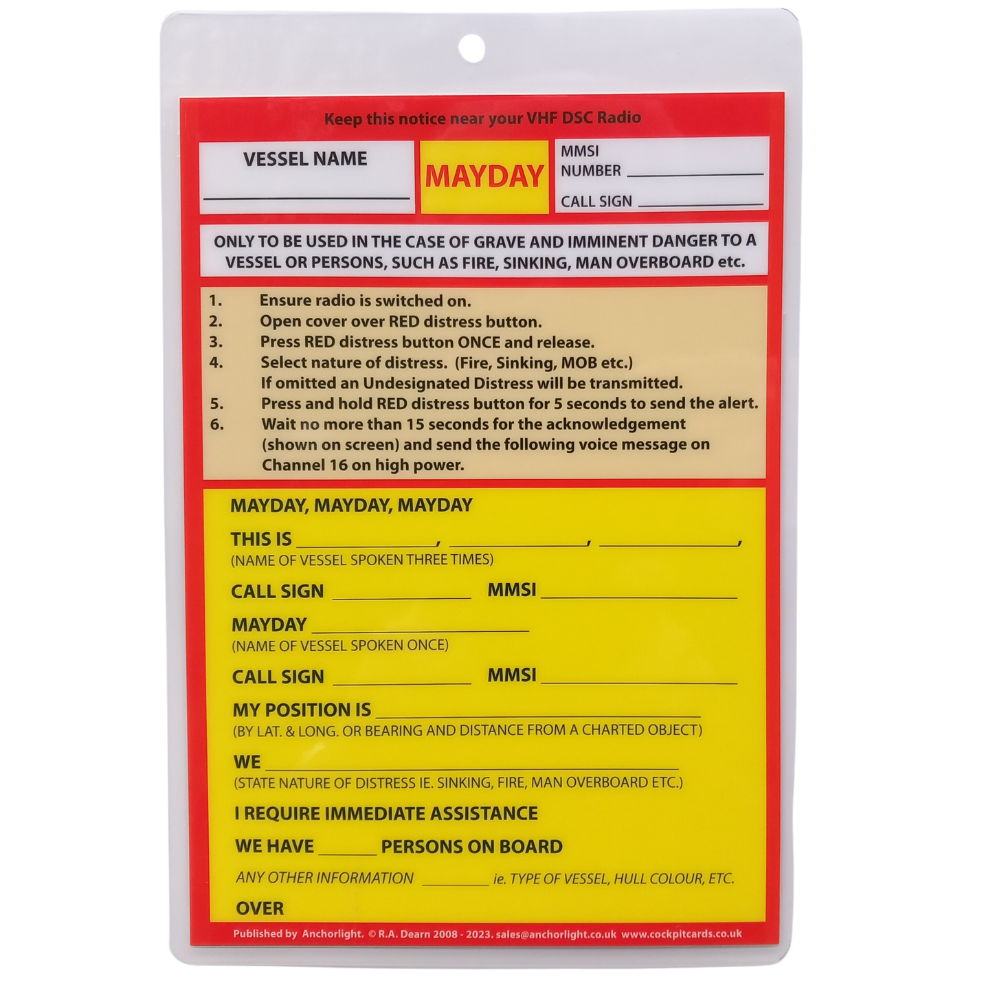 The Anchorlight Cockpit Cards: VHF DSC Mayday Procedure is a laminated card detailing emergency VHF DSC Radio use. It features fields for vessel details like name, MMSI, and call sign, adheres to maritime standards, and includes step-by-step distress communication instructions with "MAYDAY" highlighted in red.