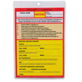 The Anchorlight Cockpit Cards: VHF DSC Mayday Procedure is a laminated card detailing emergency VHF DSC Radio use. It features fields for vessel details like name, MMSI, and call sign, adheres to maritime standards, and includes step-by-step distress communication instructions with "MAYDAY" highlighted in red.