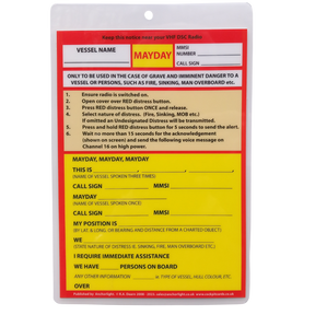 The Anchorlight Cockpit Cards: VHF DSC Mayday Procedure is a laminated card detailing emergency VHF DSC Radio use. It features fields for vessel details like name, MMSI, and call sign, adheres to maritime standards, and includes step-by-step distress communication instructions with "MAYDAY" highlighted in red.