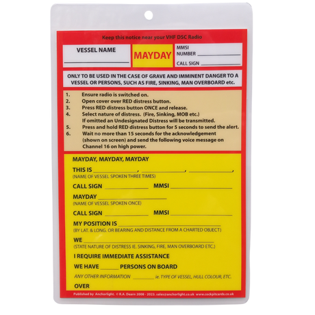 The Anchorlight Cockpit Cards: VHF DSC Mayday Procedure is a laminated card detailing emergency VHF DSC Radio use. It features fields for vessel details like name, MMSI, and call sign, adheres to maritime standards, and includes step-by-step distress communication instructions with "MAYDAY" highlighted in red.