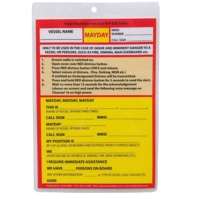 The Anchorlight Cockpit Cards: VHF DSC Mayday Procedure is a laminated card detailing emergency VHF DSC Radio use. It features fields for vessel details like name, MMSI, and call sign, adheres to maritime standards, and includes step-by-step distress communication instructions with "MAYDAY" highlighted in red.