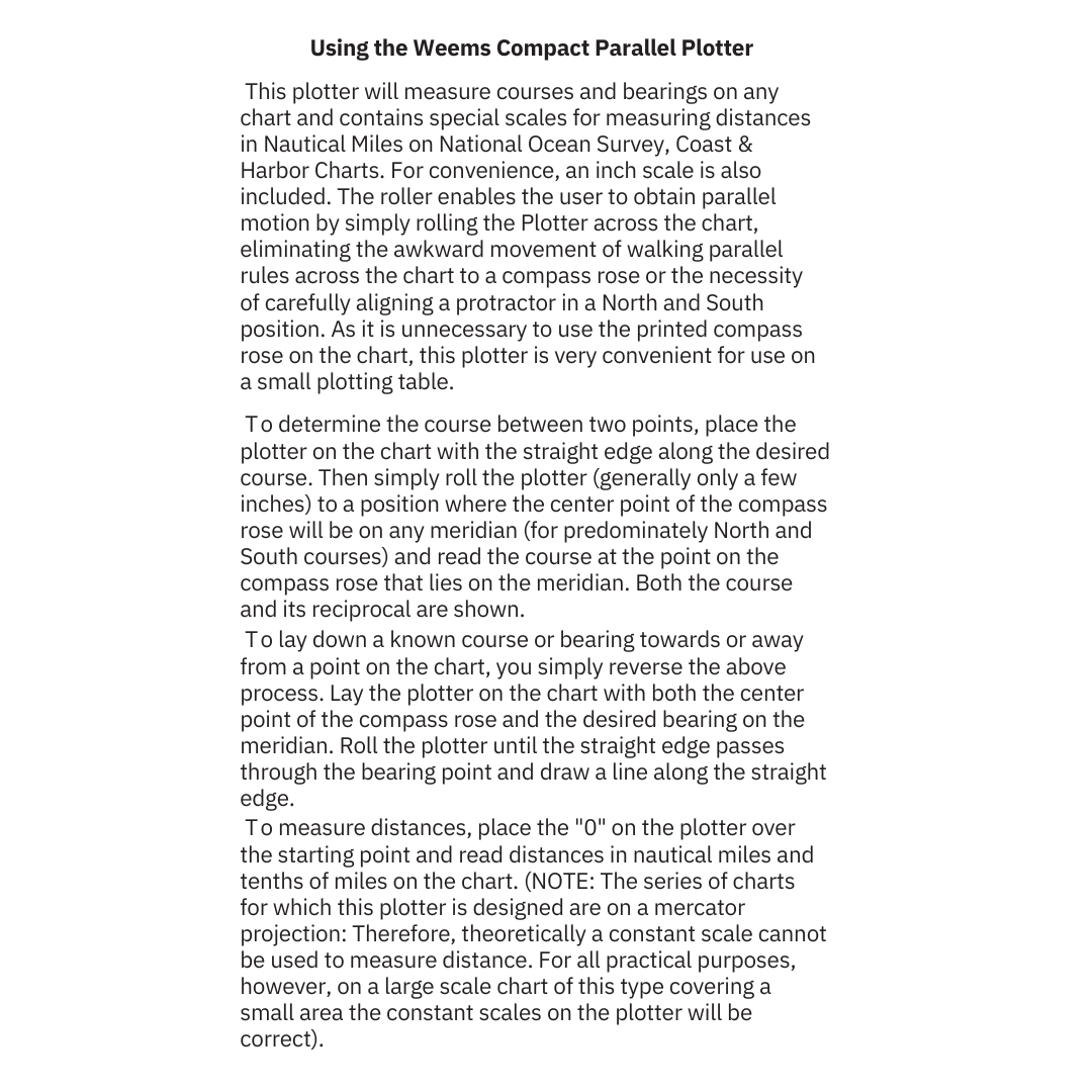 Instructions for using the Weems & Plath Compact Parallel Plotter on nautical charts are displayed. This navigation tool assists in measuring and plotting courses effortlessly, enabling you to maintain courses without needing to rotate the chart.