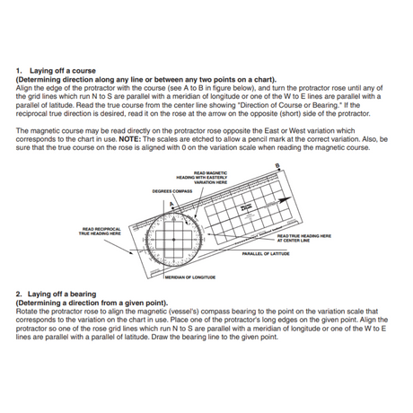 Image of navigational instructions for plotting a course and determining a bearing on a chart. It features the Weems & Plath Protractor, highlighting labeled parts such as the grid line, rose center, true heading, and magnetic course. The text provides guidance on effectively using this essential navigation tool from Weems & Plath.