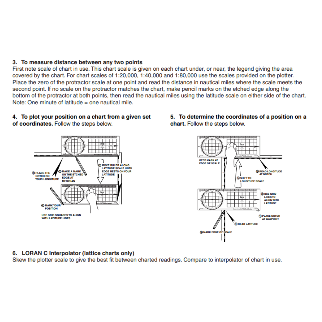 The instructions on how to measure distances and plot positions incorporate diagrams that showcase tools such as the Weems & Plath Protractor and a compass rose grid. Follow the detailed guidance for nautical chart navigation to ensure accurate positioning and distance calculations.