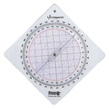 The Weems & Plath Vectormaster from SailorShop.co.uk is a clear plastic circular slide rule with red and black grids, degree markings, and a pivot point for precise course plotting and storm avoidance in aviation or marine navigation.